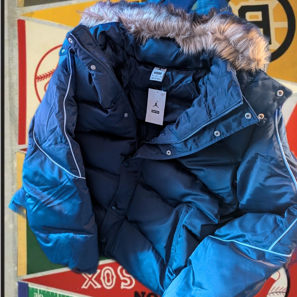Men's Blue Puffer Jacket with Faux Fur Hood